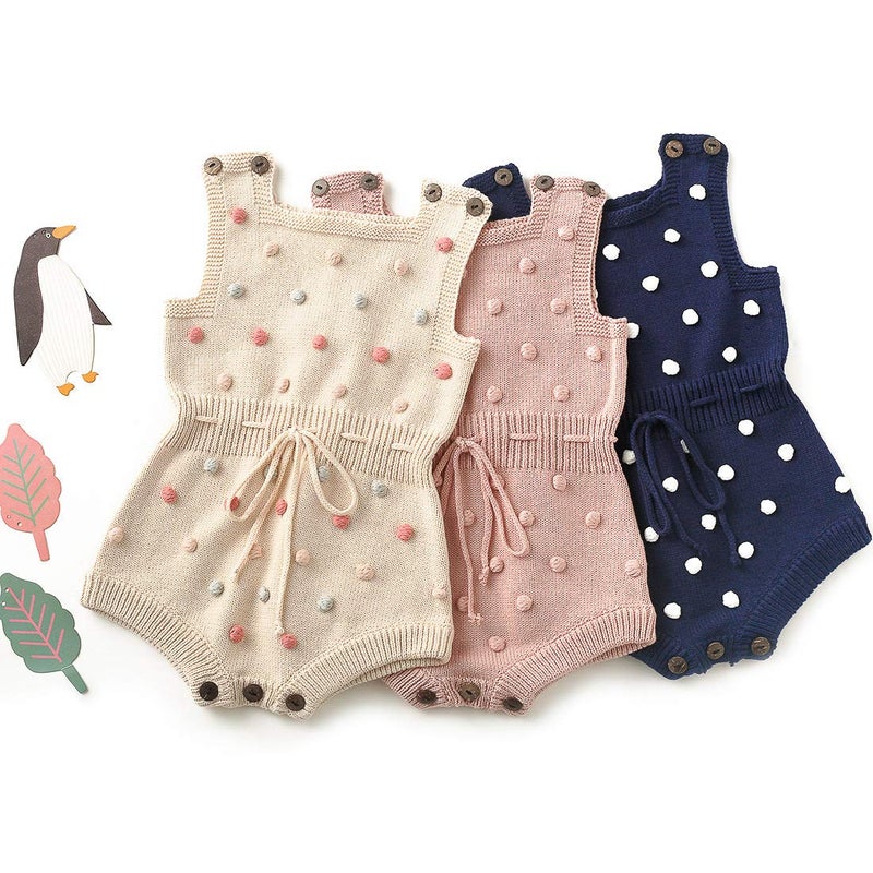 Simplee kids Baby Girl Kint Rompers Fall Sleeveless Pompoms Baby Girl Rompers 0-3 Months Little Girl Apricot Overall Jumpsuit Outfit - Image 3
